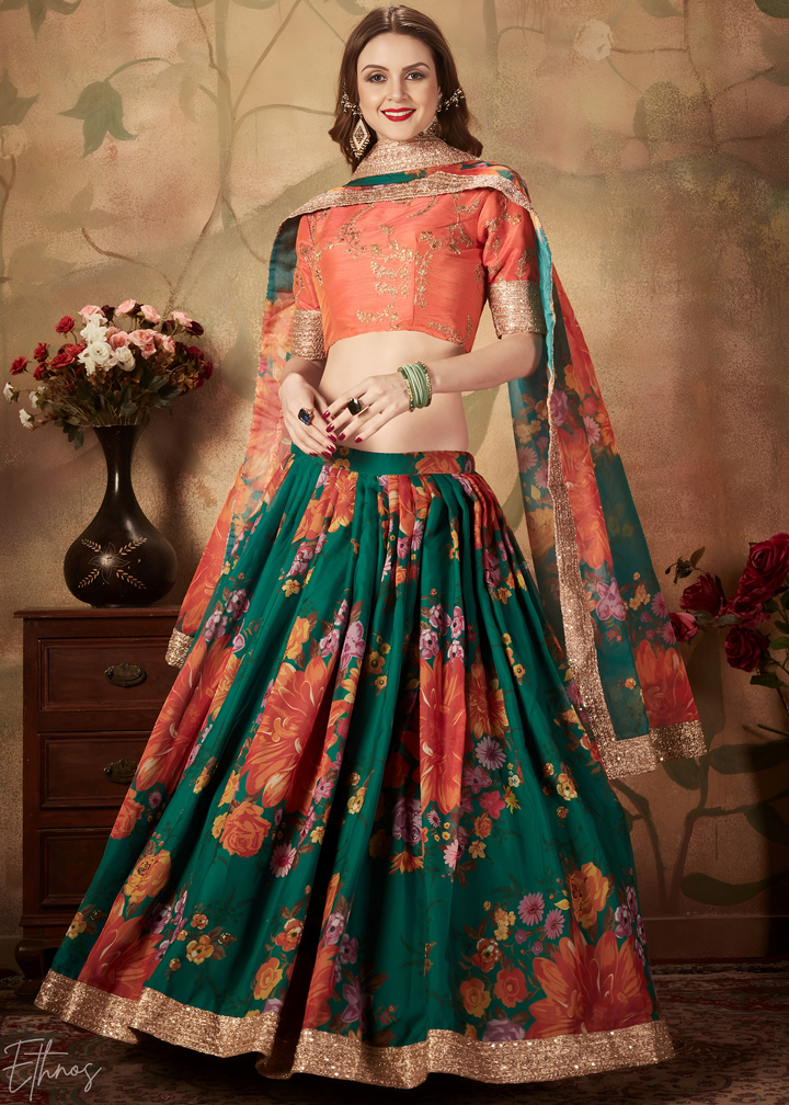 Forest Green Garden Floral Printed Organza Lehenga