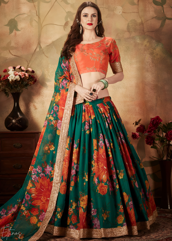 Forest Green Garden Floral Printed Organza Lehenga