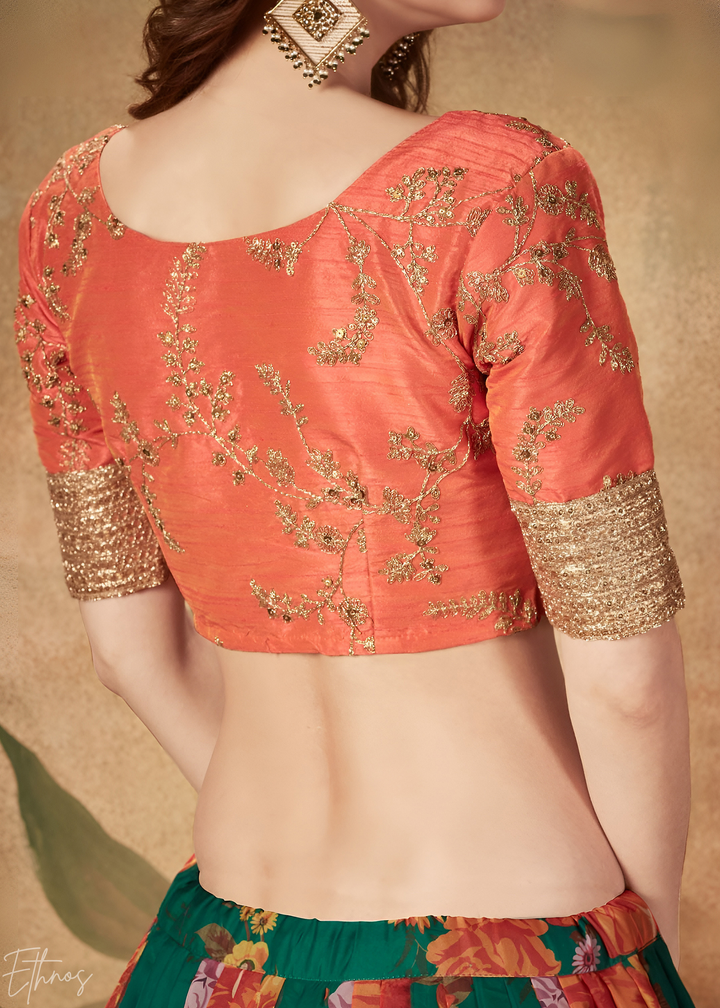 Forest Green Garden Floral Printed Organza Lehenga