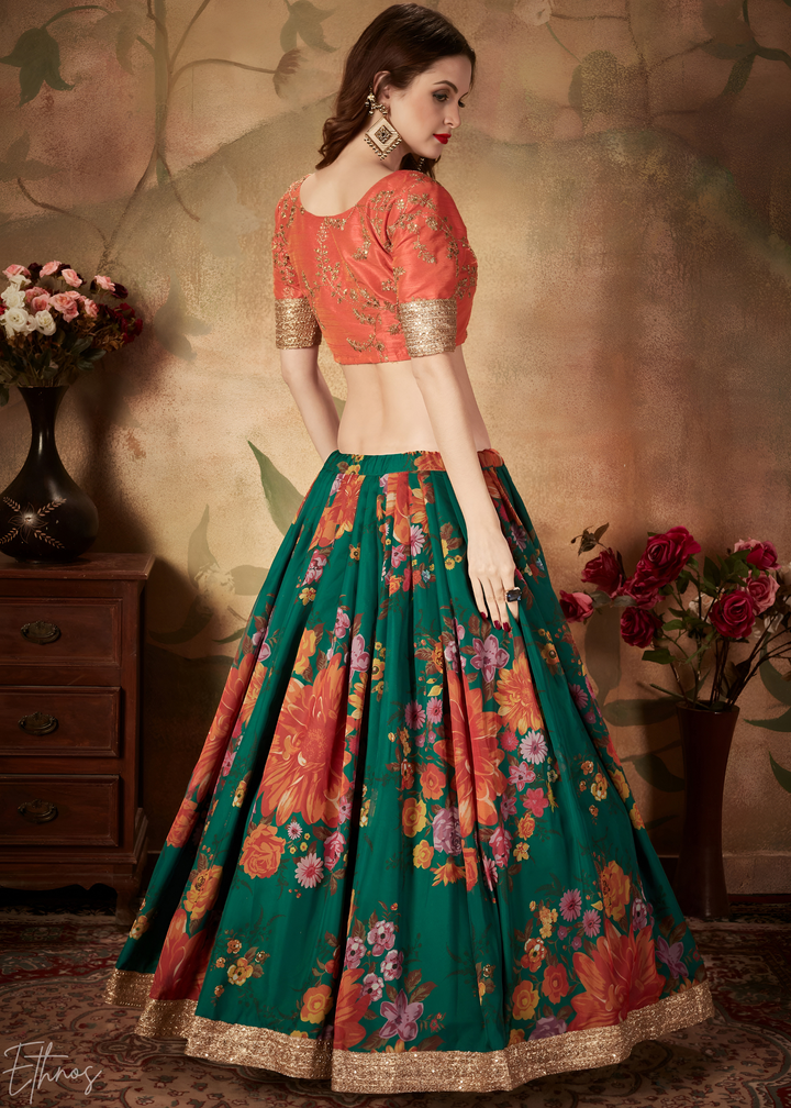 Forest Green Garden Floral Printed Organza Lehenga