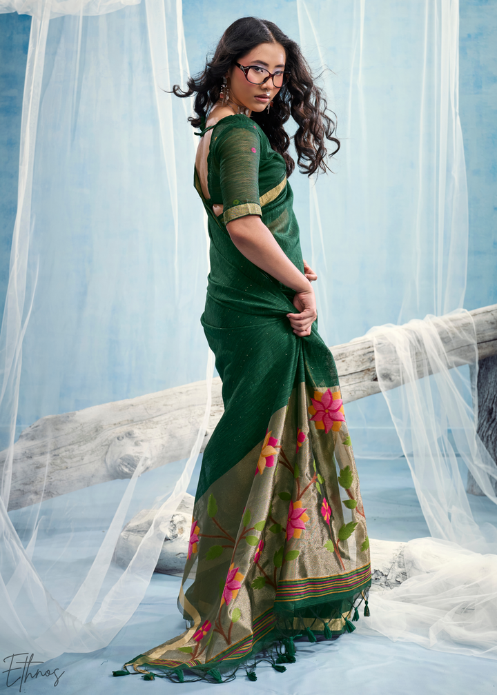 Forest Green Jardin Woven Munga Silk Saree