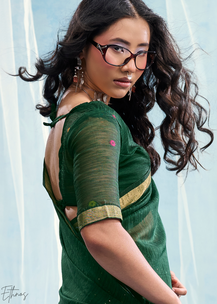 Forest Green Jardin Woven Munga Silk Saree