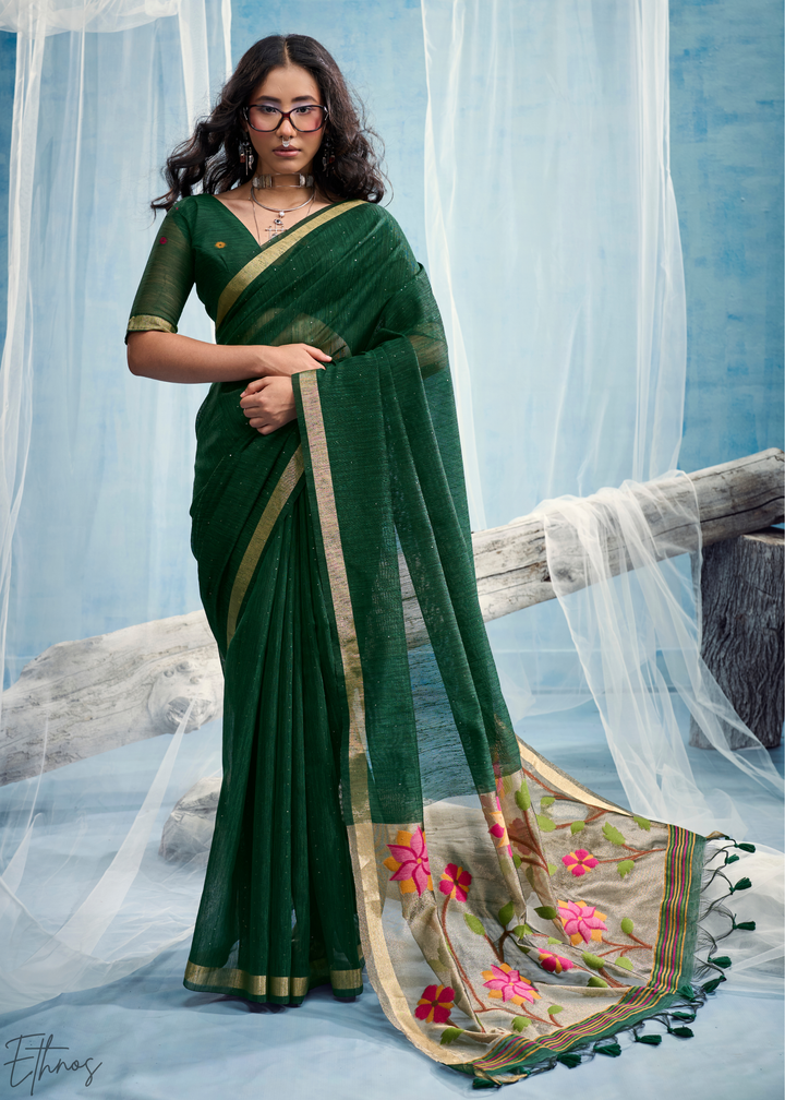 Forest Green Jardin Woven Munga Silk Saree