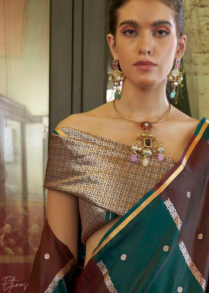 Forest Green & Cranberry Geometric Rangkat Satin Saree