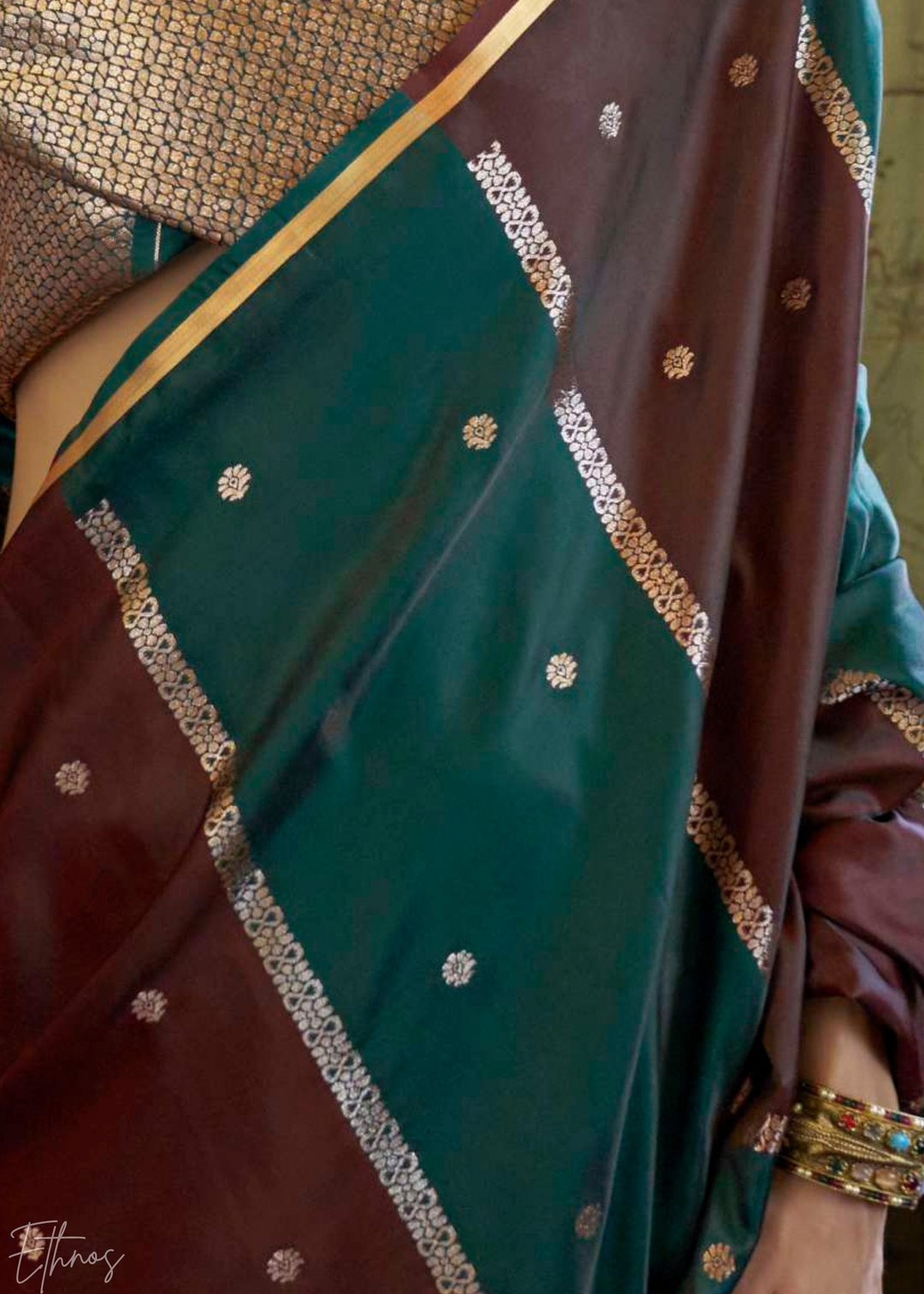 Forest Green & Cranberry Geometric Rangkat Satin Saree