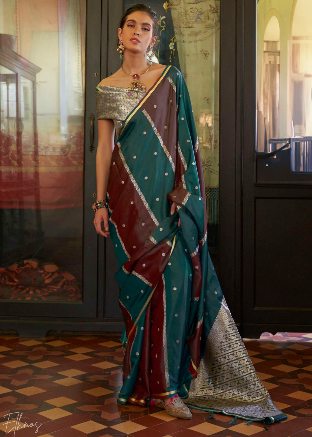Forest Green & Cranberry Geometric Rangkat Satin Saree