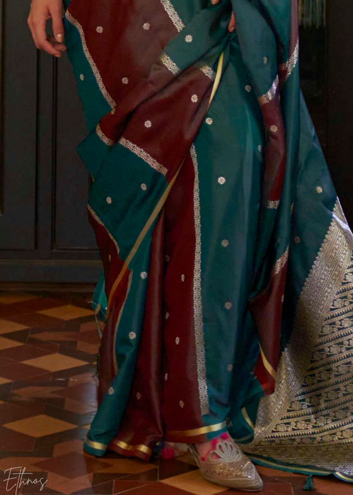 Forest Green & Cranberry Geometric Rangkat Satin Saree