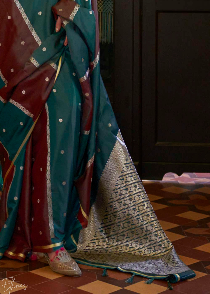 Forest Green & Cranberry Geometric Rangkat Satin Saree