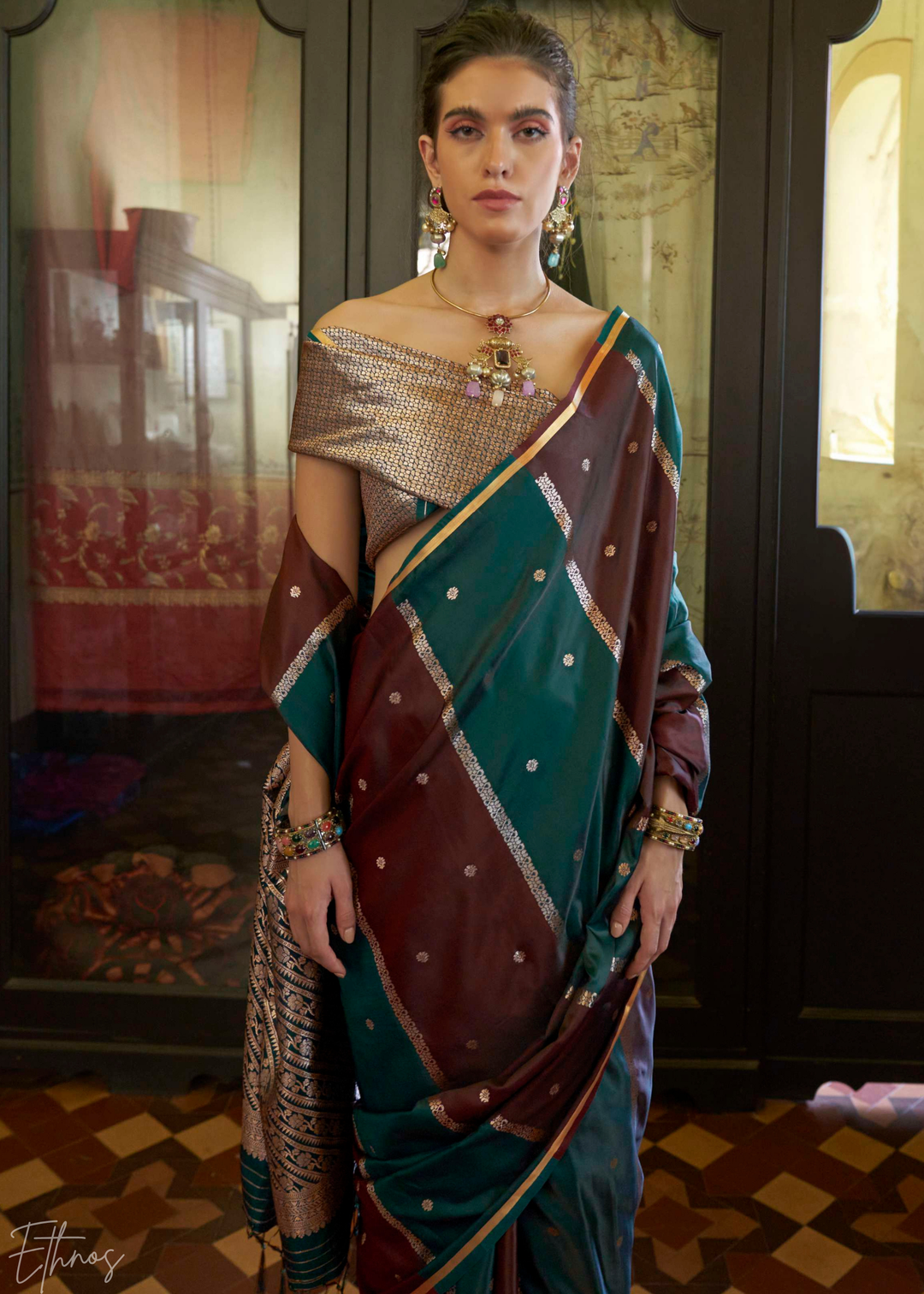 Forest Green & Cranberry Geometric Rangkat Satin Saree