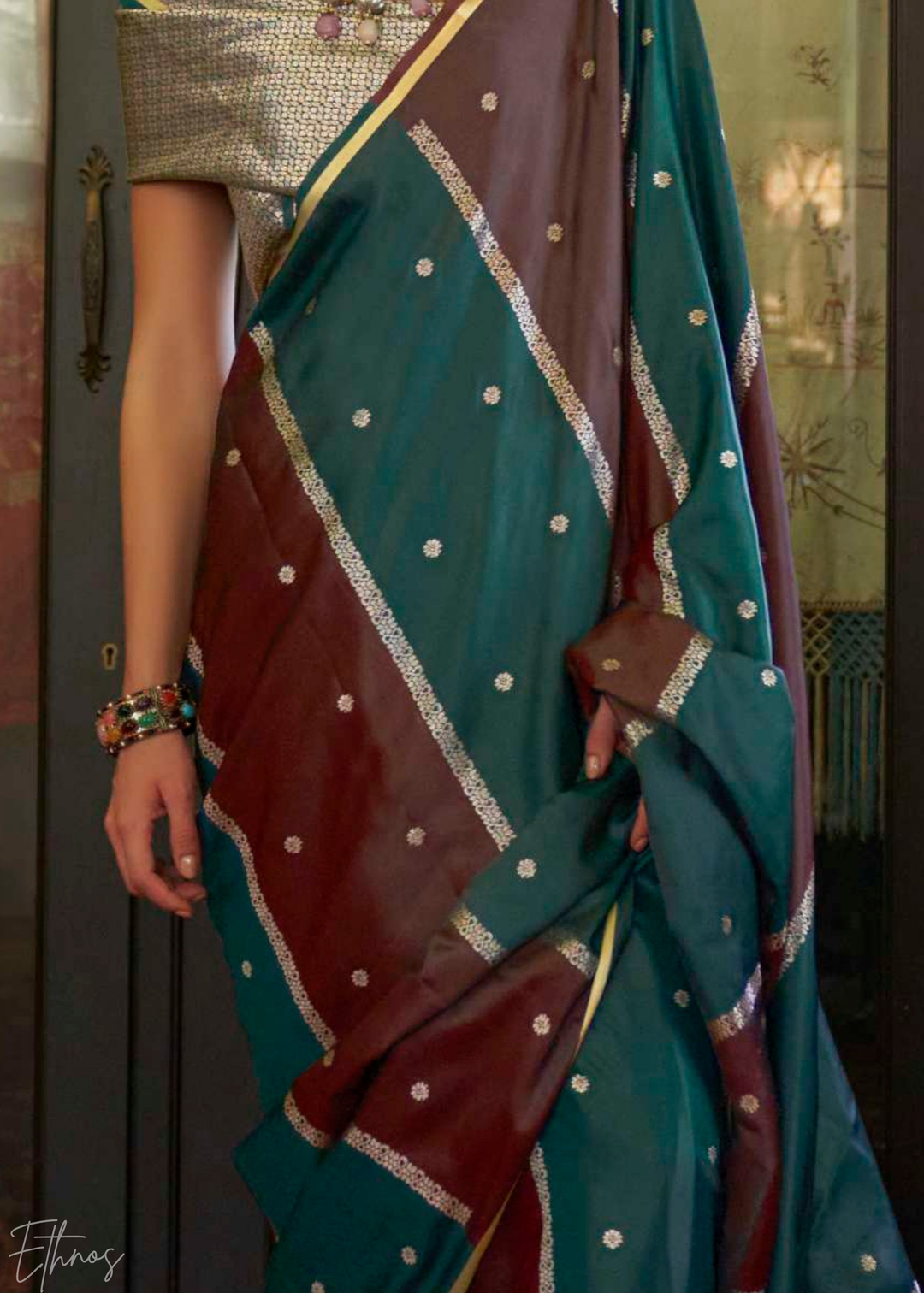 Forest Green & Cranberry Geometric Rangkat Satin Saree