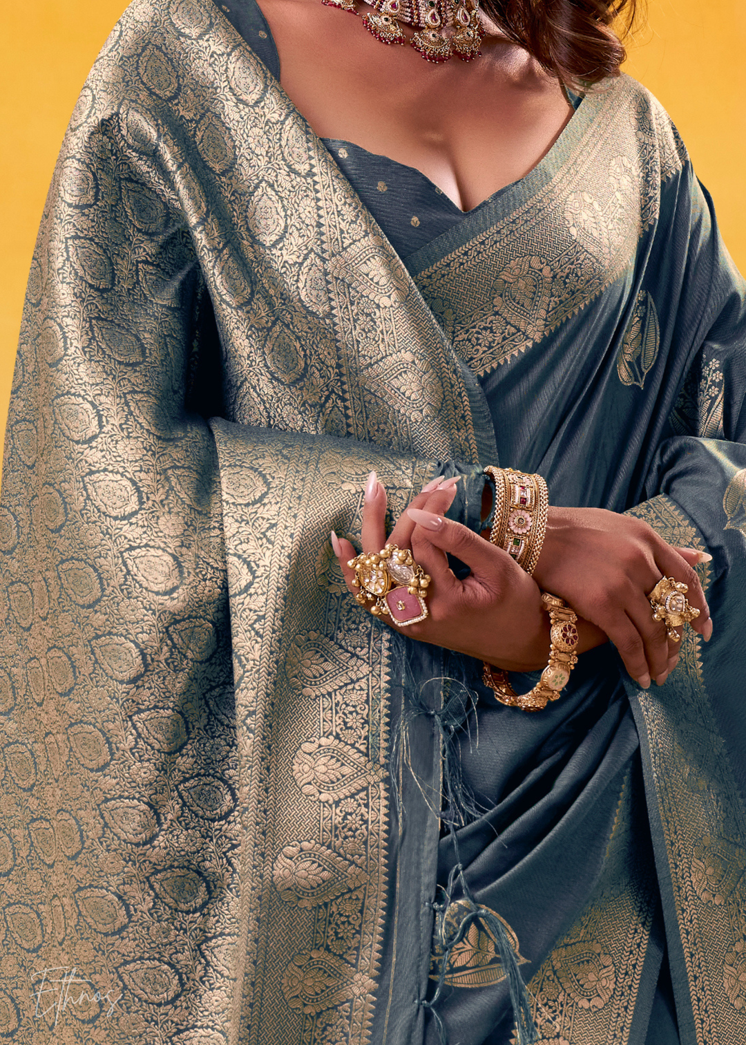 Fossil Grey Brown Tusser Silk Saree