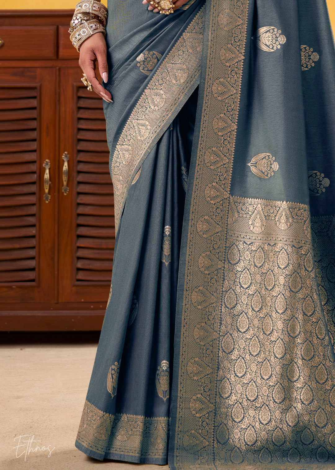 Fossil Grey Brown Tusser Silk Saree