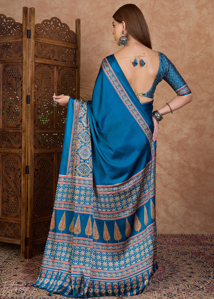 French Blue  Mandala Print Satin Silk Saree