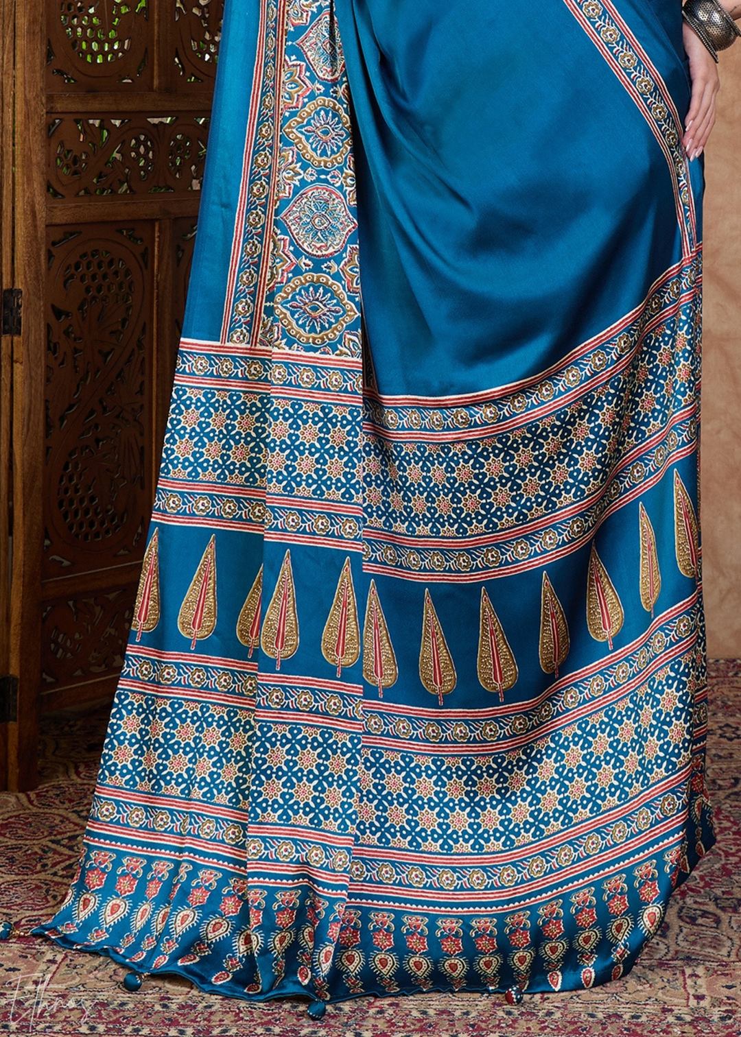 French Blue  Mandala Print Satin Silk Saree