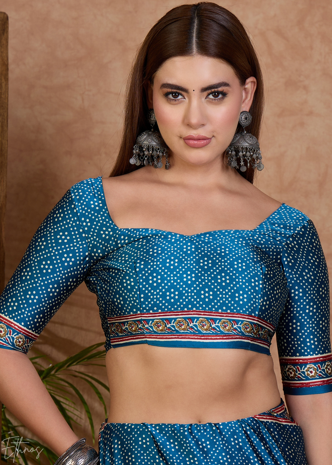 French Blue  Mandala Print Satin Silk Saree