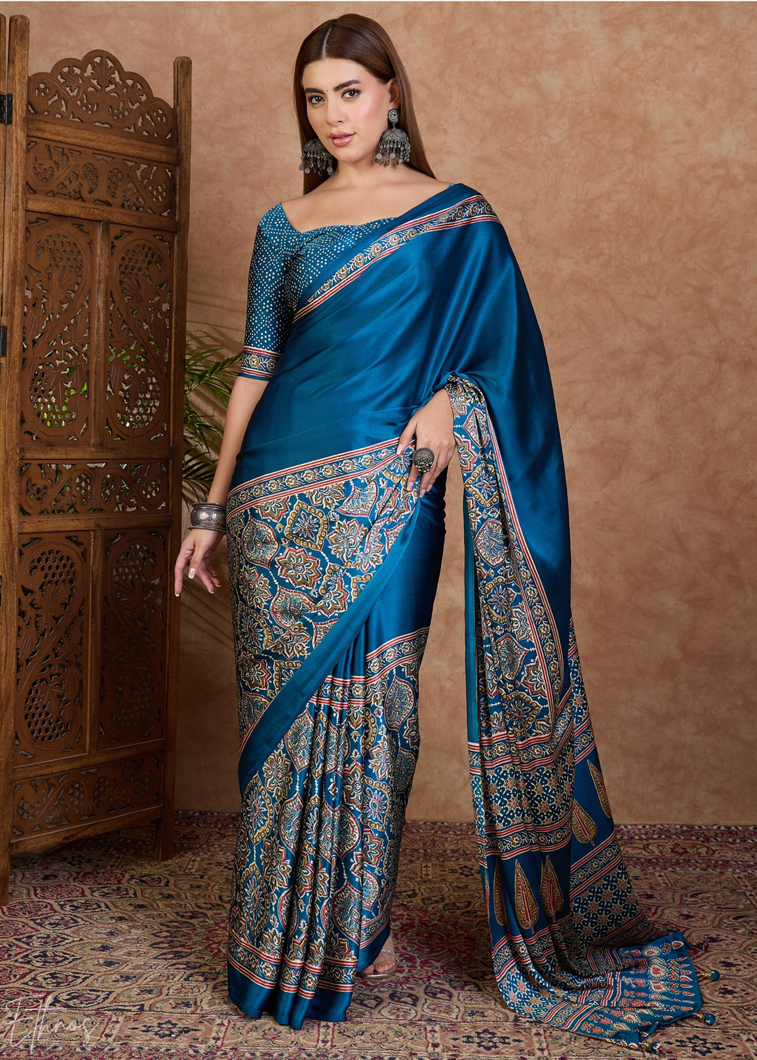 French Blue  Mandala Print Satin Silk Saree