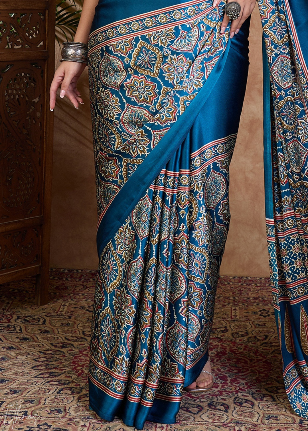 French Blue  Mandala Print Satin Silk Saree