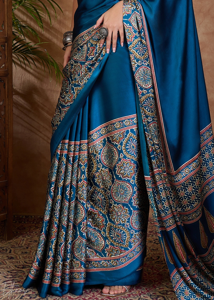 French Blue  Mandala Print Satin Silk Saree