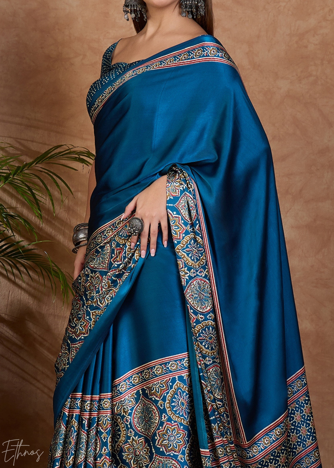 French Blue  Mandala Print Satin Silk Saree