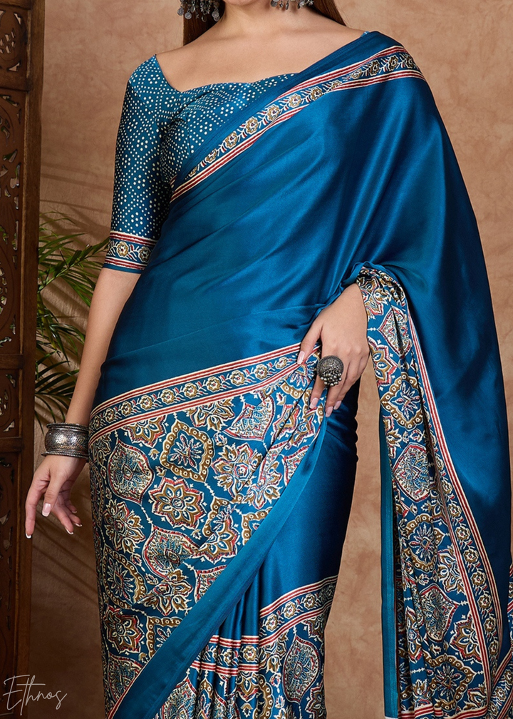 French Blue  Mandala Print Satin Silk Saree