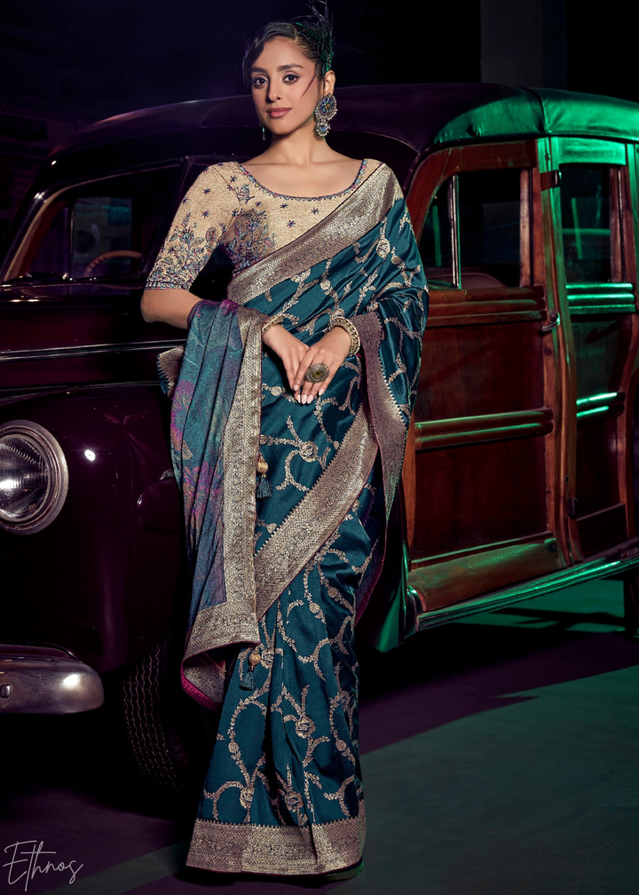 Teal Blue Jacquard Wave Silk Saree
