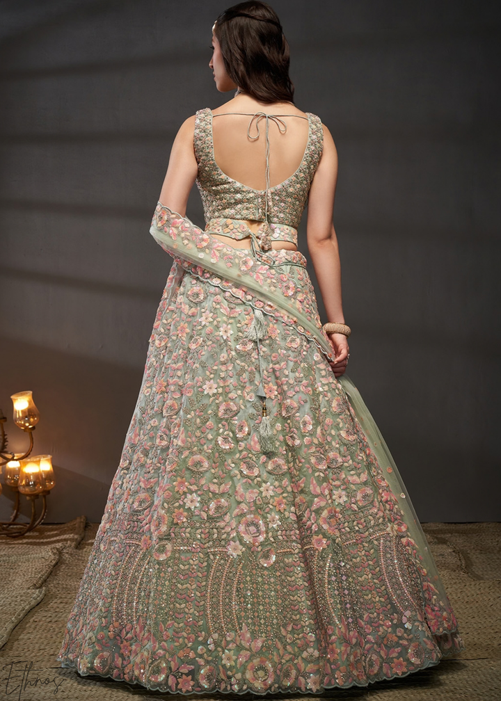 Frosted Celadon Gilded Bouquet Net Lehenga