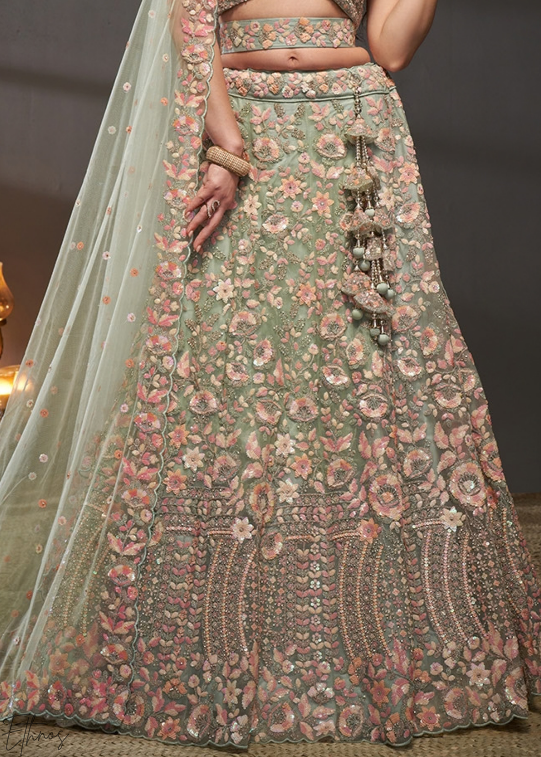 Frosted Celadon Gilded Bouquet Net Lehenga