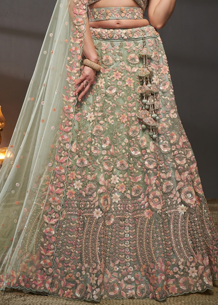 Frosted Celadon Gilded Bouquet Net Lehenga