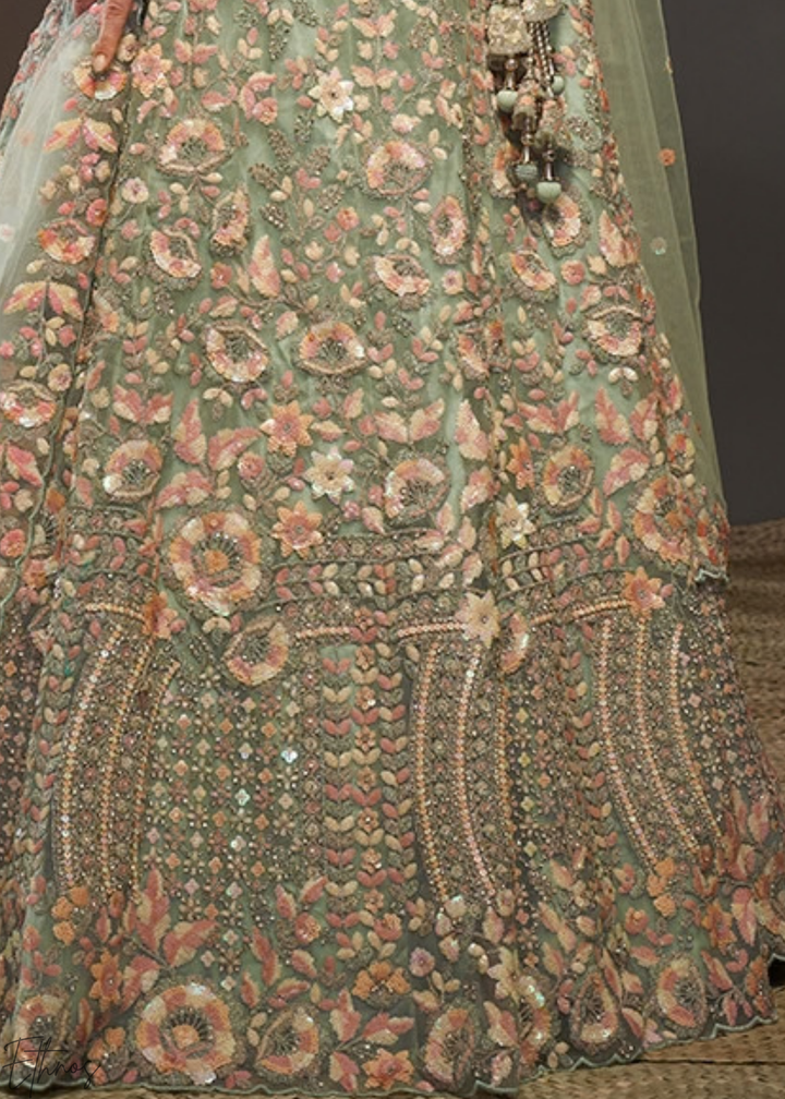 Frosted Celadon Gilded Bouquet Net Lehenga