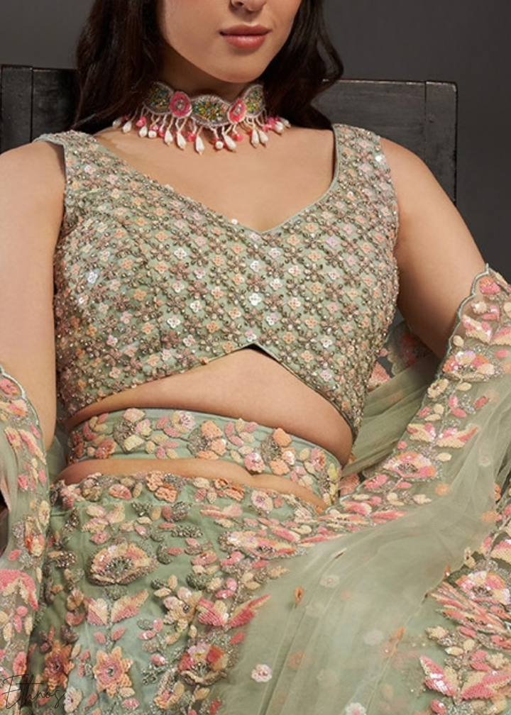 Frosted Celadon Gilded Bouquet Net Lehenga