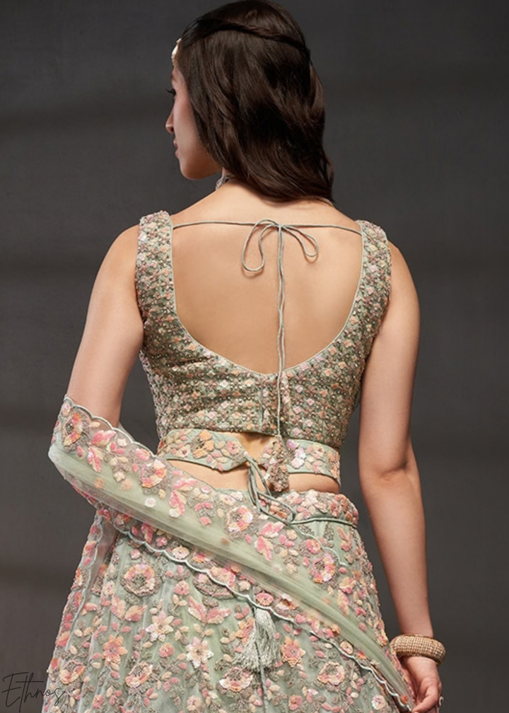 Frosted Celadon Gilded Bouquet Net Lehenga
