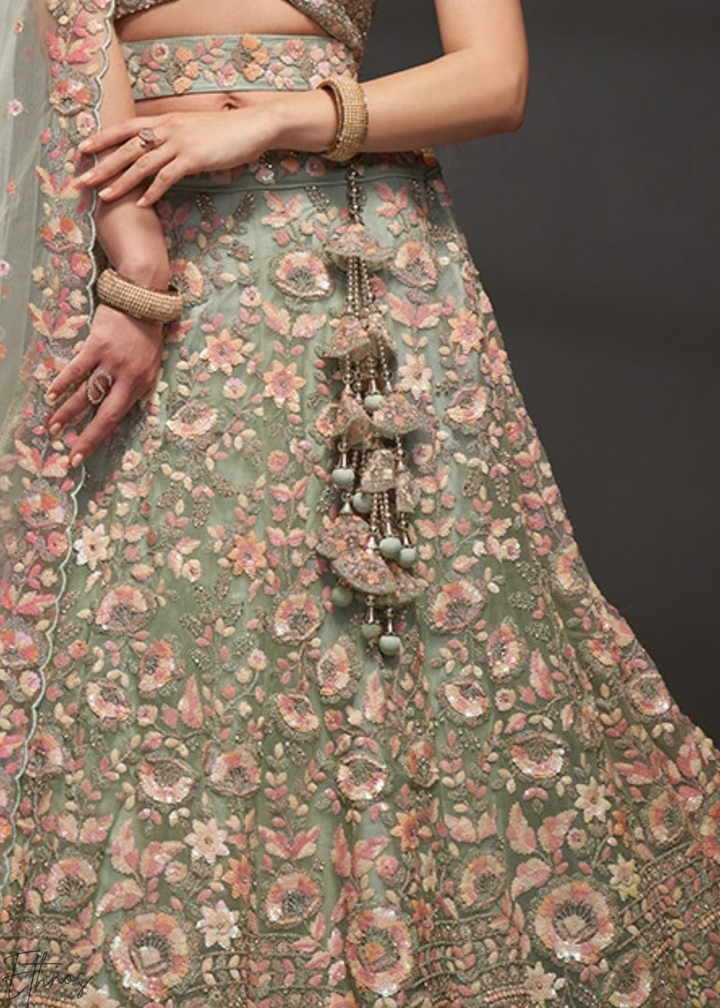 Frosted Celadon Gilded Bouquet Net Lehenga