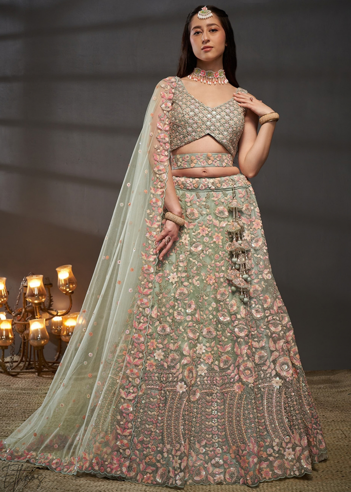 Frosted Celadon Gilded Bouquet Net Lehenga