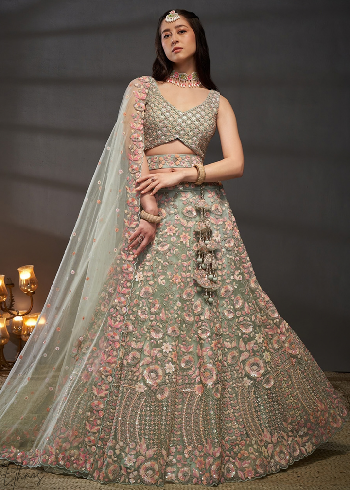 Frosted Celadon Gilded Bouquet Net Lehenga