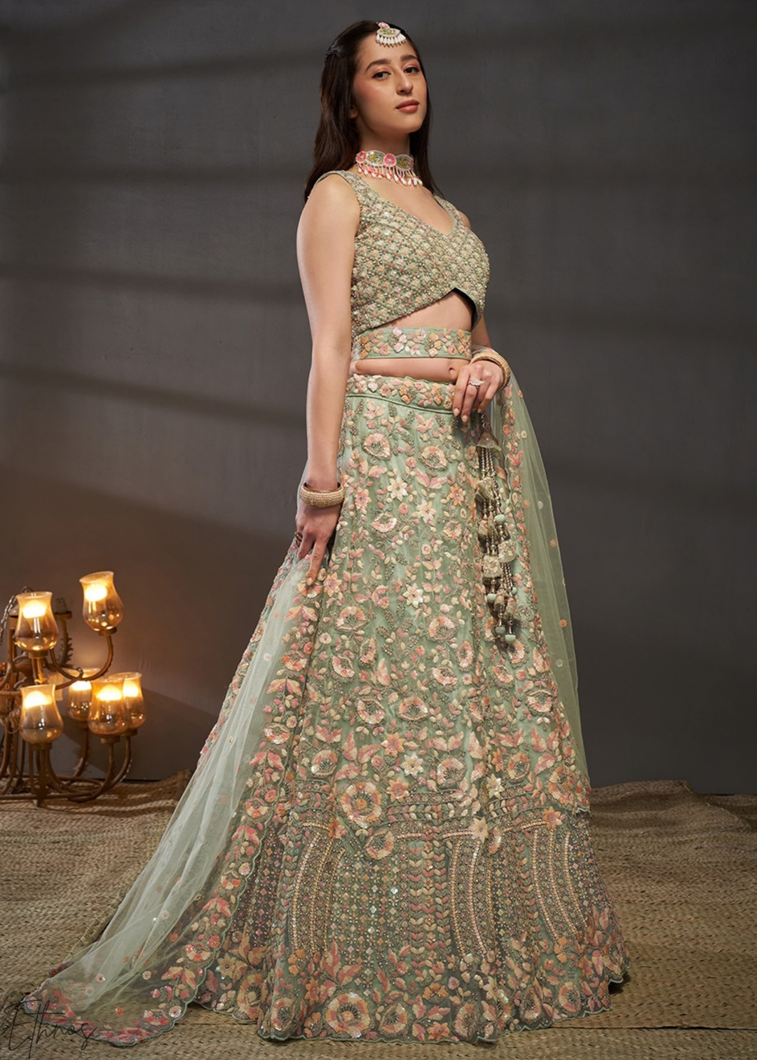 Frosted Celadon Gilded Bouquet Net Lehenga