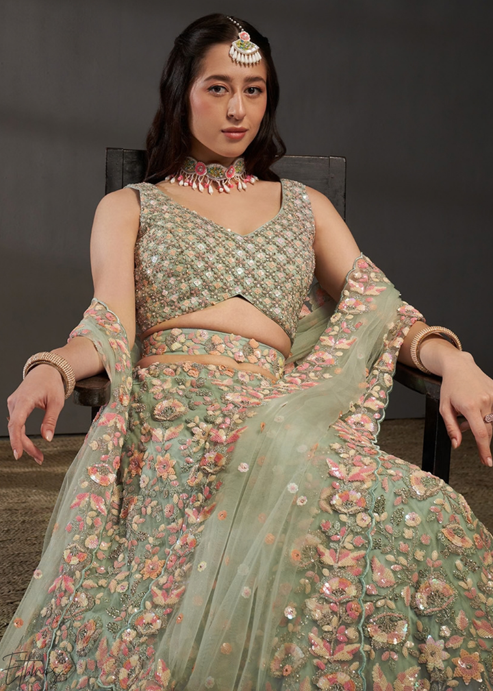 Frosted Celadon Gilded Bouquet Net Lehenga