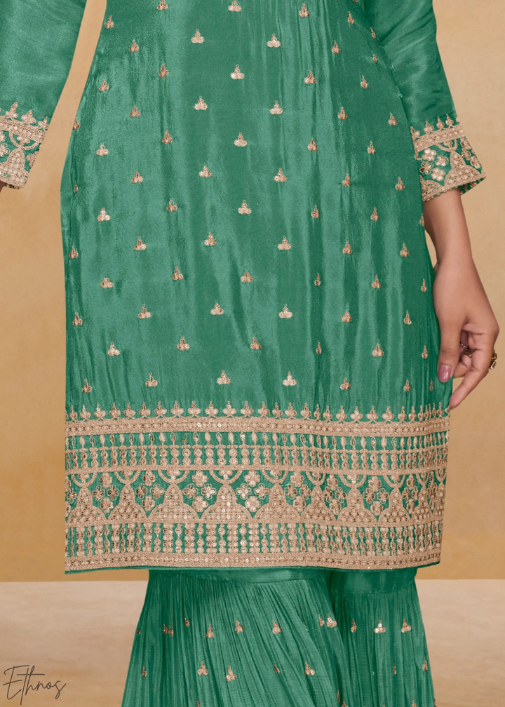 Frosted Celadon Golden Motif Chinon Sharara Suit