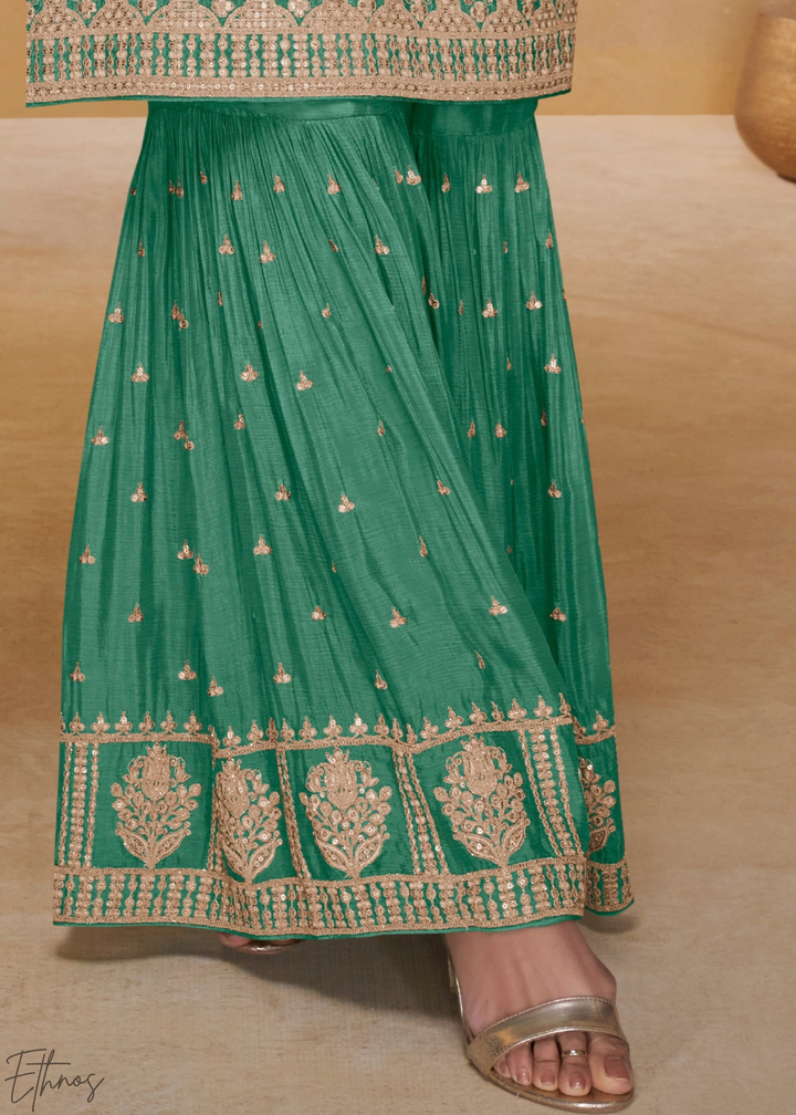 Frosted Celadon Golden Motif Chinon Sharara Suit