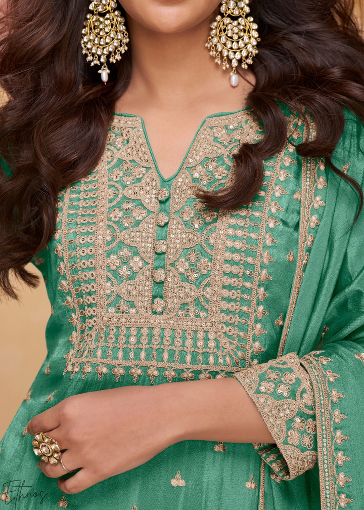 Frosted Celadon Golden Motif Chinon Sharara Suit