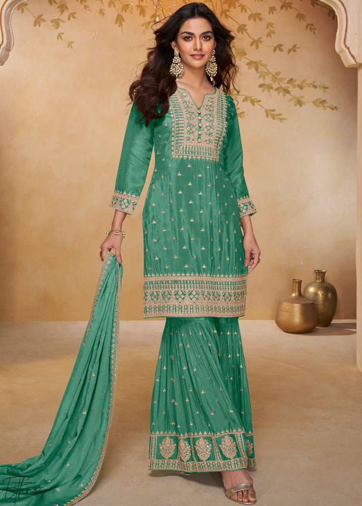 Frosted Celadon Golden Motif Chinon Sharara Suit