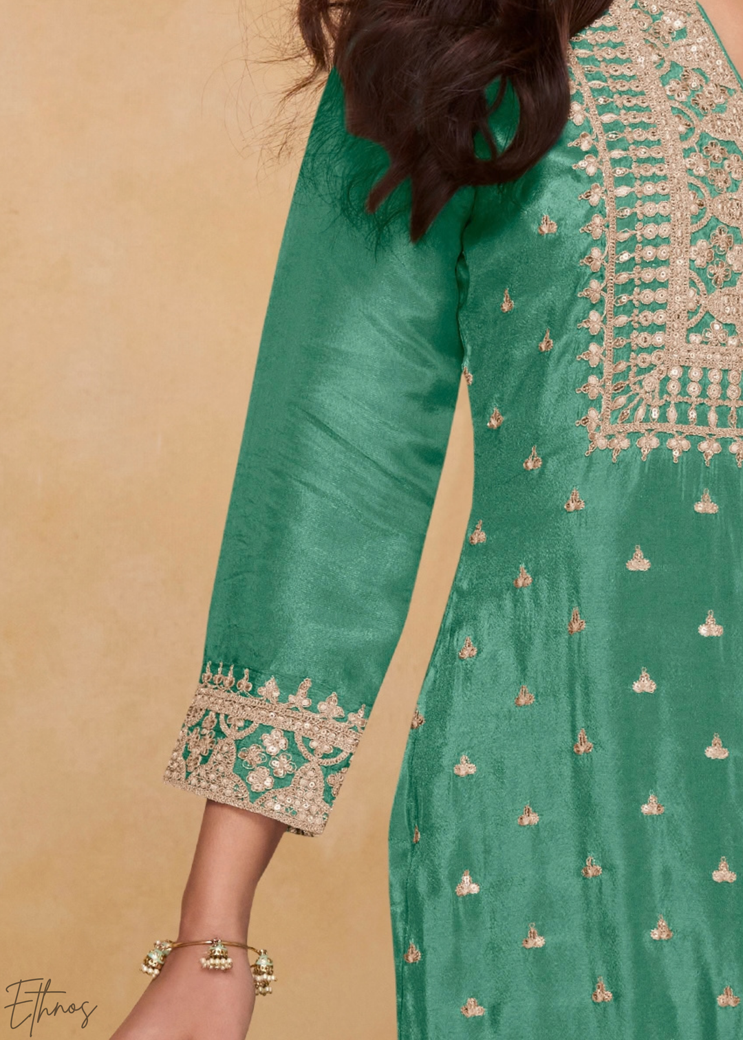 Frosted Celadon Golden Motif Chinon Sharara Suit