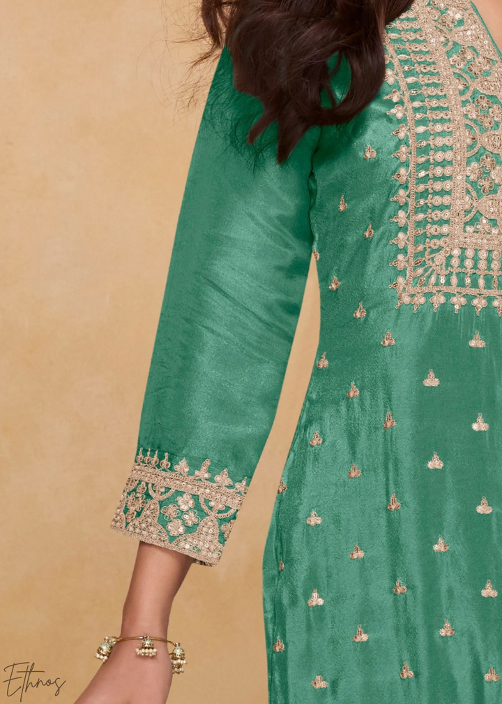 Frosted Celadon Golden Motif Chinon Sharara Suit