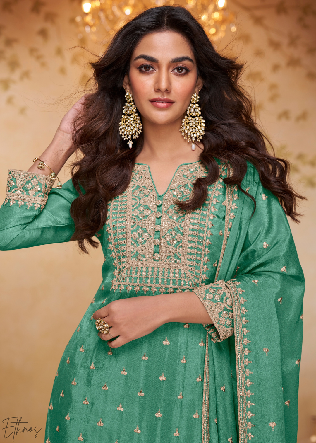 Frosted Celadon Golden Motif Chinon Sharara Suit