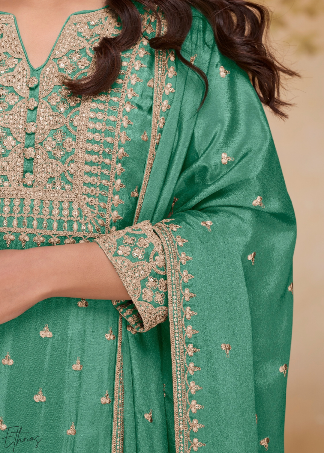 Frosted Celadon Golden Motif Chinon Sharara Suit