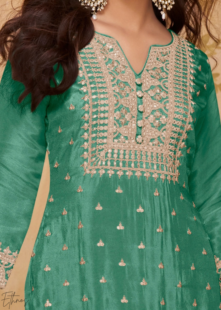 Frosted Celadon Golden Motif Chinon Sharara Suit