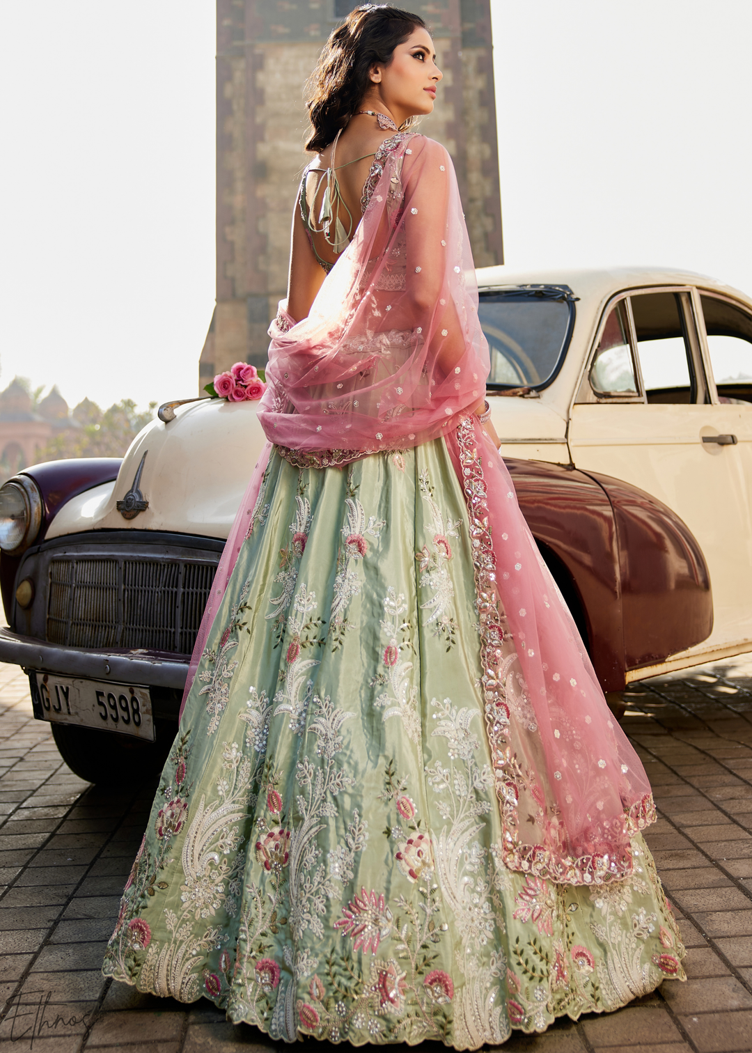 Frosted Celadon Radiant Blossom Satin Lehenga