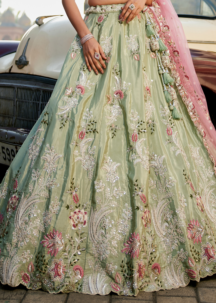 Frosted Celadon Radiant Blossom Satin Lehenga