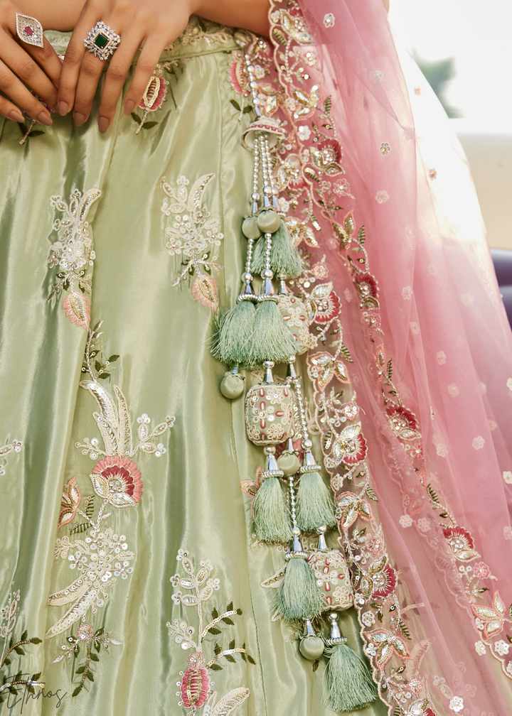 Frosted Celadon Radiant Blossom Satin Lehenga