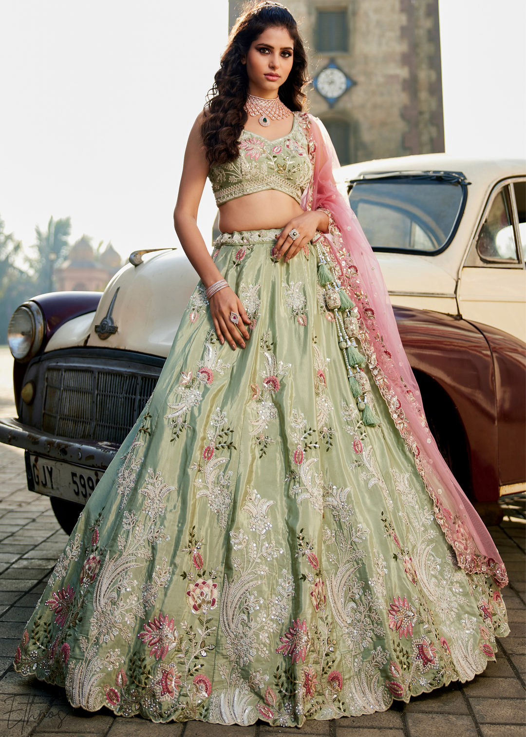 Frosted Celadon Radiant Blossom Satin Lehenga