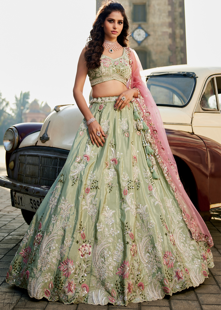 Frosted Celadon Radiant Blossom Satin Lehenga